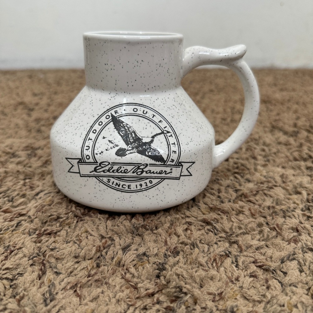 Vintage 1989 Eddie Bauer No Tip Spill Proof Ceramic Travel Mug Speckled White